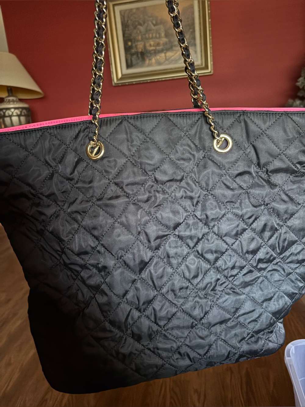 Forever 21 Quilted Black Tote Bag Pink Lining Chain Strap Shoulder Purse
